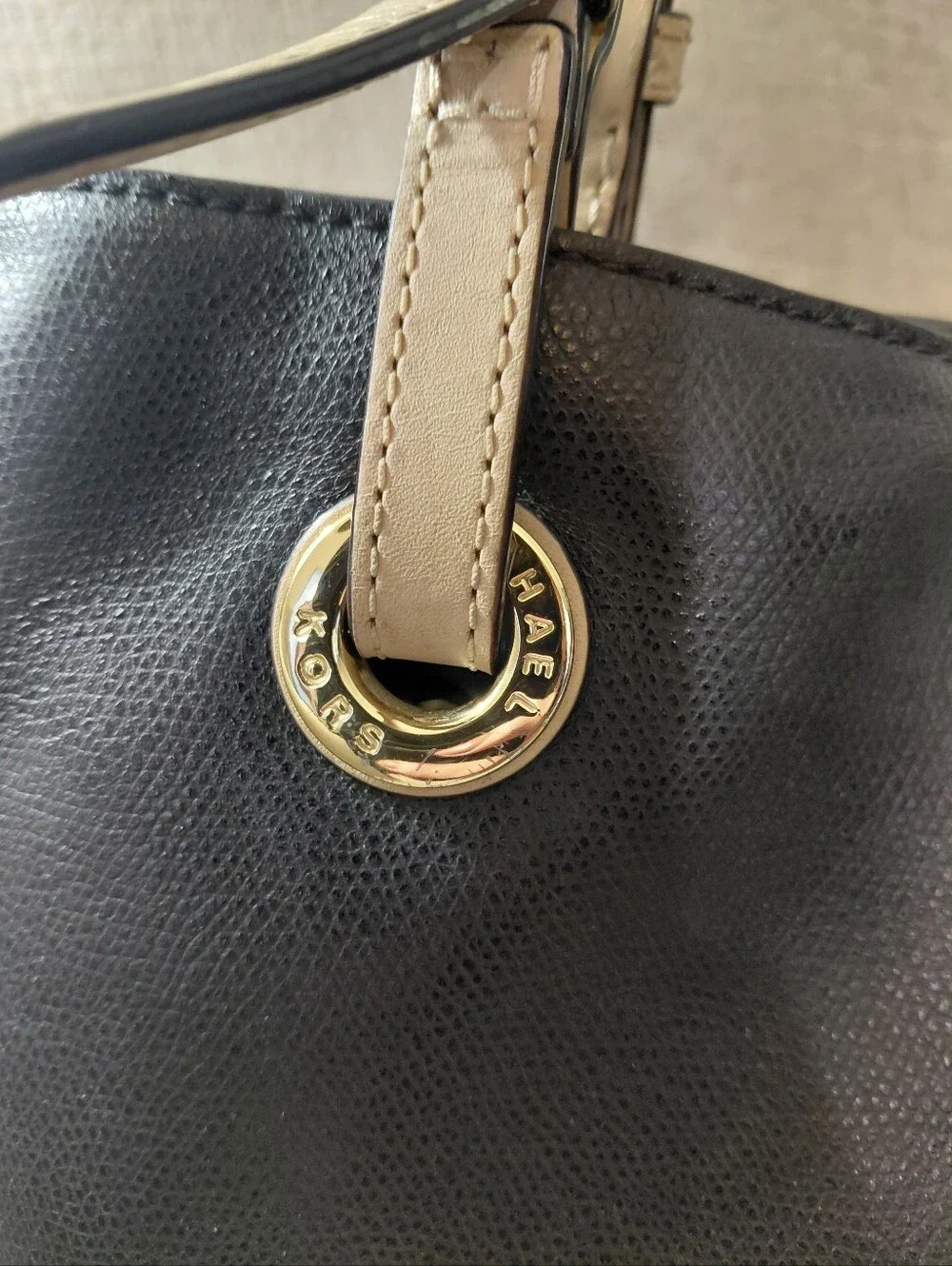 Michael Kors Black Leather Tote Shoulder Bag with Gold Emblem